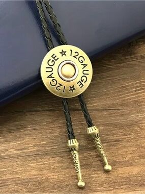 12 Gauge Bullet Bolo Tie - Black Braided Cord with Antique Gold Accent NWOT